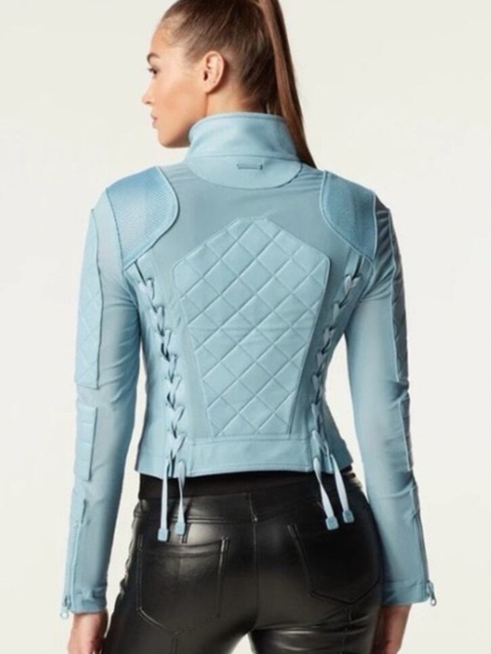 Blanc Noir Leather Quilted Moto Jacket Size Medium Light Blue Fog Mesh Biker - Picture 10 of 14